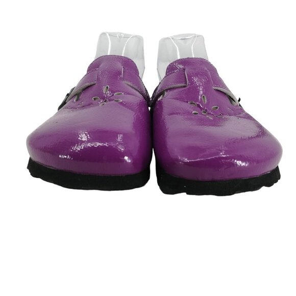 Betula Birkenstock Purple Slip On Leather Clogs Size 38 US 7 Flower Perforated - Picture 3 of 13